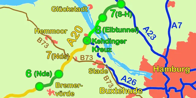 Die Karte zeigt die A20-Bauabschnitte in der Region. (Nds) steht für die niedersächsischen Abschnitte, (S-H) für die schleswig-holsteinischen | Foto: jd