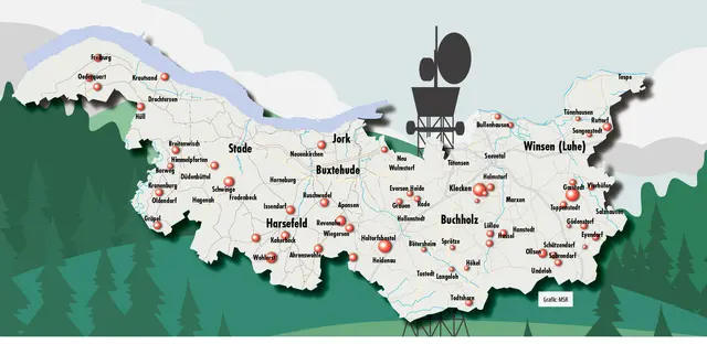Die Karte zeigt, wo es nach Angaben der Bundesnetzagentur mit dem Handyempfang in den Landkreisen Stade und Harburg noch Probleme gibt (rote Punkte). In der Realität gibt es aber deutlich mehr Funklöcher | Foto: MSR 