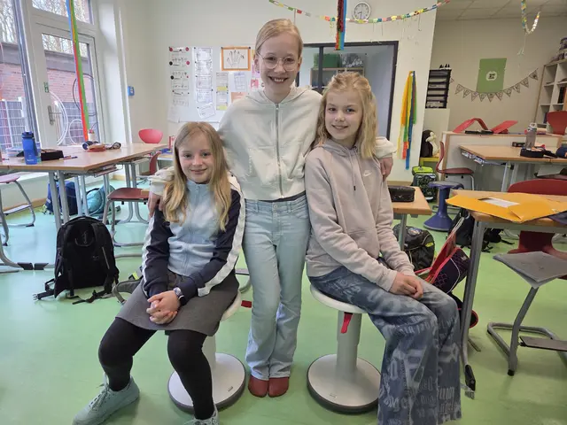 Mit den neuen Wackelhockern (v. li.): die Viertklässlerinnen Toni, Maaje und Greetje | Foto: Swantje Frahm