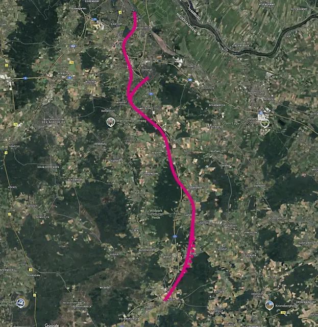 Die "Vorzugstrasse" einer Neubautrasse zwischen Hamburg und Hannover könnte nach DB-Vorstellung so verlaufen / Archivbild | Foto: DB / google maps / Repro: MSR