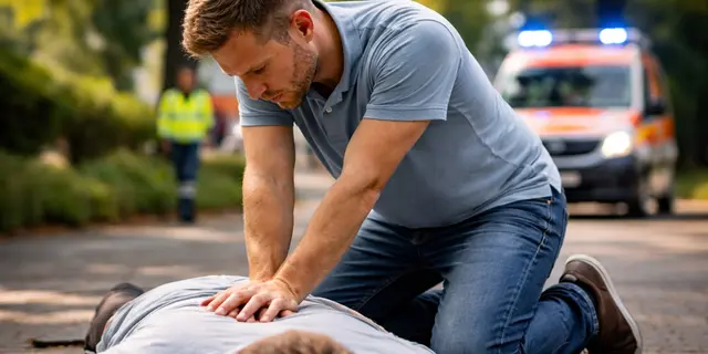 Ein Ersthelfer kann im Notfall die Zeit bis zum Eintreffen des Rettungswagens mit einer Herzdruckmassage überbrücken | Foto: KI-generiert