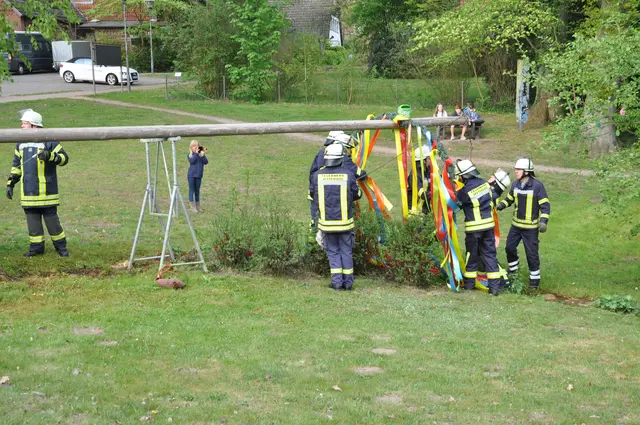 Der Maibaum wird mit Unterstützung der örtlichen Feuerwehr aufgestellt | Foto: Alexander Schaal