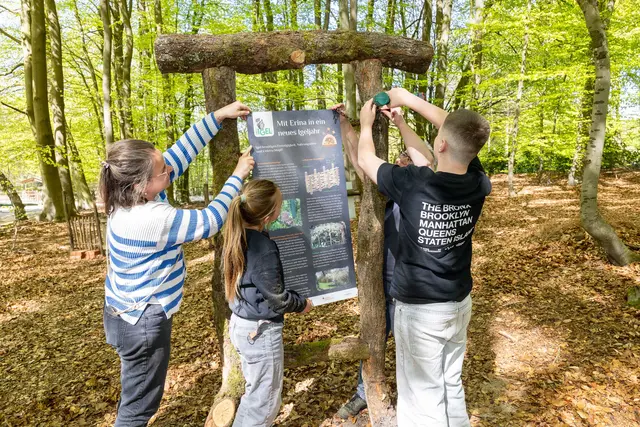 Eine der elf Informationstafeln entlang des Igelpfades wird
in einem natürlichen Rahmen aufgehängt | Foto: Wildpark/Thomas