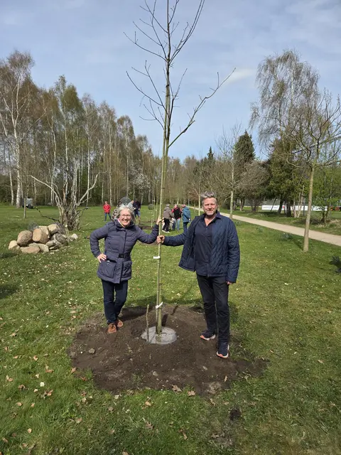 Bürgermeister Dierk Beneke und Schützenvereins-Präsidentin Anette Randt beim Pflanzen des Baum s desSchützenvereins | Foto: Hochzeitswald Heidenau