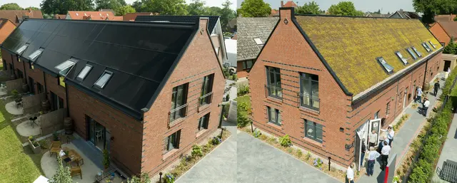 Die beiden Bilder zweigen ein typisches Power Townhouse - hier mit der Dachbegrünung auf der Vorderseite und Photovoltaikflächen auf der Gartenseite | Foto: Viebrock