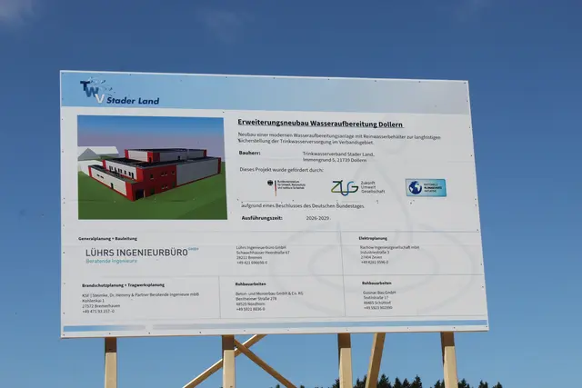 Bauschild mit Visualisierung des fertigen Wasserwerks | Foto: sb