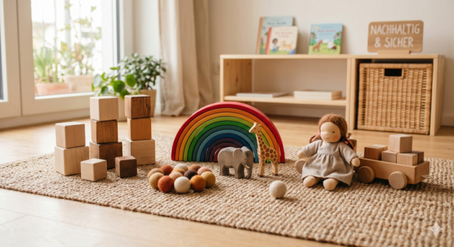 Immer mehr Eltern wenden sich von überladenen Spielzeugkisten voller Plastik ab und entscheiden sich bewusst für Alternativen aus Holz, Wolle oder Kautschuk. | Foto: KI generiert mit Gemini