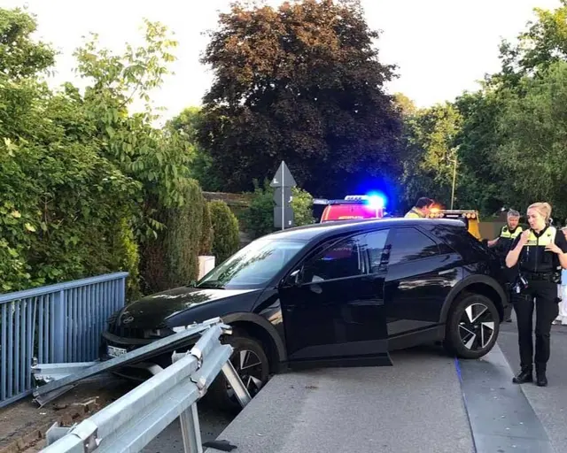 Tier auf der Fahrbahn: Pkw bleibt nach Unfall auf der Leitplanke hängen | Foto: Feuerwehr Bützfleth