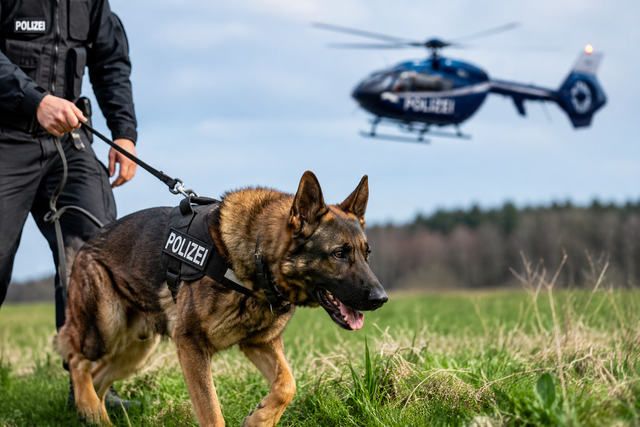 Diensthund der Polizei im Einsatz und Hubschrauber (Symbolbild) | Foto: KI