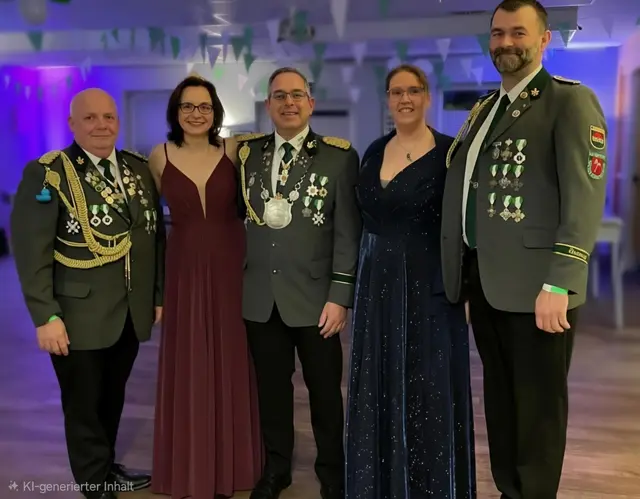 (v.li) Michael Müller (Adjutant), Jeanette Leipold (Königin)
Olaf Leipold, Nicole Weißer, Christian Weißer (Adjutanten) | Foto: SV Moisburg
