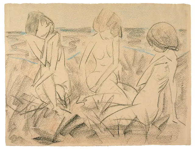 Otto Mueller, Drei weibliche Akte auf der Wiese, um 1920, farbige Kreide auf Karton, Dauerleihgabe der Kleio-Stiftung zur Erhaltung von Kulturwerten an Hansestadt Stade und Museen Stade