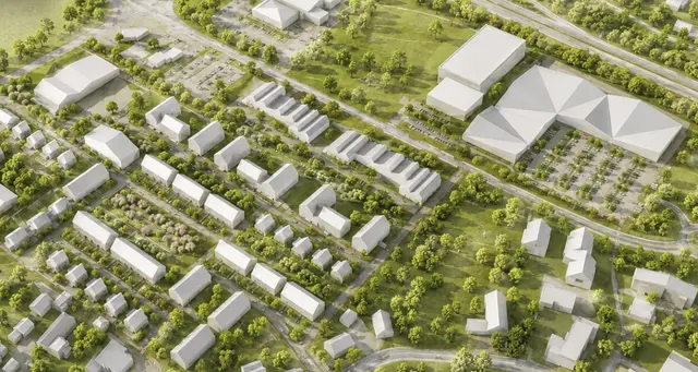 Im Modell-Bild kann man oben rechts (winkelförmig) das Fachmarktzentrum erkennen, danebe das Rechenzentrum aus zwei quaderförmigen Gebäuden. ganz links oben eine mögliche Feuerwache, rechts daneben und im unteren Bildereich könnten Wohnhäuser entstehen, entlang der Winsener Straße ein Gewerbehof | Foto: RKW Architektur plus