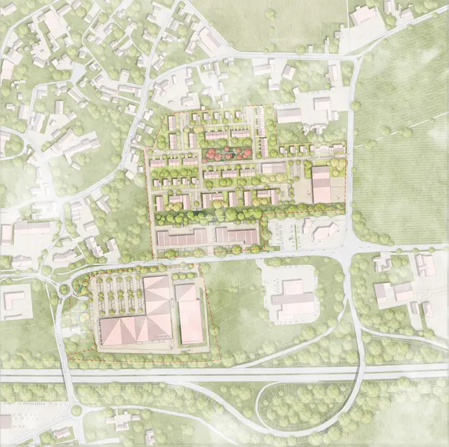 Um dieses Gebiet zwischen Autobahn und Dorf geht es: Wohnungen und Feuerwehr sollen im Norden entstehen, im südlichen Teil ein Fachmarktzentrum und ein Rechenzentrum | Foto: RKW Architektur