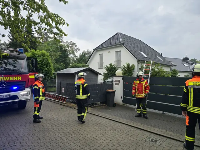 Die Einsatzkräfte mussten im Hans-Eidig-Weg in Horst mithilfe einer Leiter einen hohen Zaun überwinden, um das vom Blitzeinschlag betroffene Wohnhaus zu erreichen | Foto: Feuerwehr Maschen