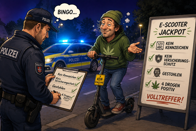 Bei der Polizeikontrolle ist für den E-Scooter-Fahrer einiges zusammengekommen | Foto: Ki-generiert