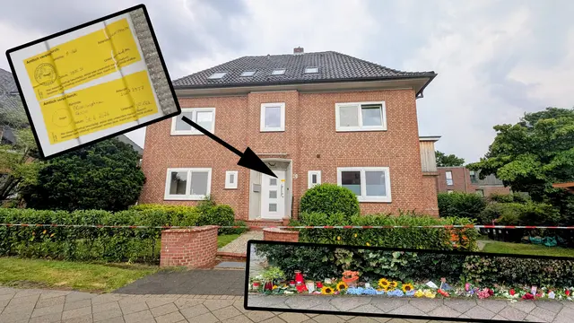 In diesem Haus in der Stader Dankersstraße ereignete sich die Bluttat, der sechs Menschen zum Opfer fielen. Die Haustür ist polizeilich versiegelt. Auf der anderen Straßenseite legten Menschen Blumen nieder und zündeten Kerzen an (kl. Foto) | Foto: jd