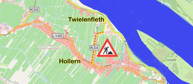 Die Karte zeigt den Abschnitt der K34, der während der Baumaßnahmen zum Teil voll gesperrt ist (rote gepunktete Linie) | Foto: OpenStreetMap/jd
