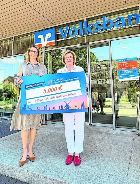 Stiftungsvorständin Martina Stehr (li.) übergibt vor der Volksbankfiliale in Maschen den symbolischen Scheck an Anette Kosakowski | Foto: Volksbank
