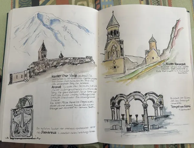 Nicht jede Erinnerung braucht ein Foto: Auf seinen Reisen füllt Eberhard Schiel Skizzenbücher mit Zeichnungen und handschriftlichen Notizen | Foto: sts 