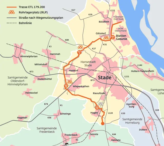 Die Gasleitung ETL 179.200 führt vom Stader Seehafen in einem Bogen westlich um die Hansestadt herum bis nach Deinste, wo sie auf die ETL 182 trifft | Foto: Gasunie