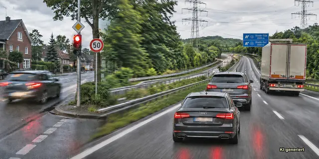 Missachten einer roten Ampel und Drängeln auf der Autobahn: zwei Verhaltensweisen von Autofahrern, die leider immer häufiger vorkommen | Foto: Foto: jd/z.T. KI-generiert
