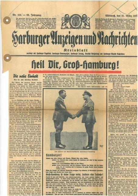 Ein Artikel der Harburger Anzeigen und Nachrichten über das von den Nazis gefeierte "Groß-Hamburg-Gesetz" | Foto: Kreisarchiv Landkreis Harburg