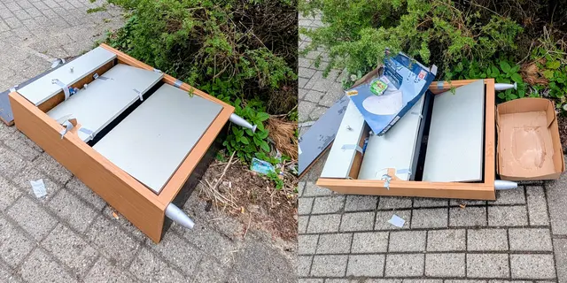 Müll gesellt sich zu Müll: Hier hat jemand am Stader Altstadtring einen Schuhschrank illegal ­entsorgt (Foto li.). Zwei Tage später wurde dort weiterer Müll abgelegt (re.) | Foto: jd