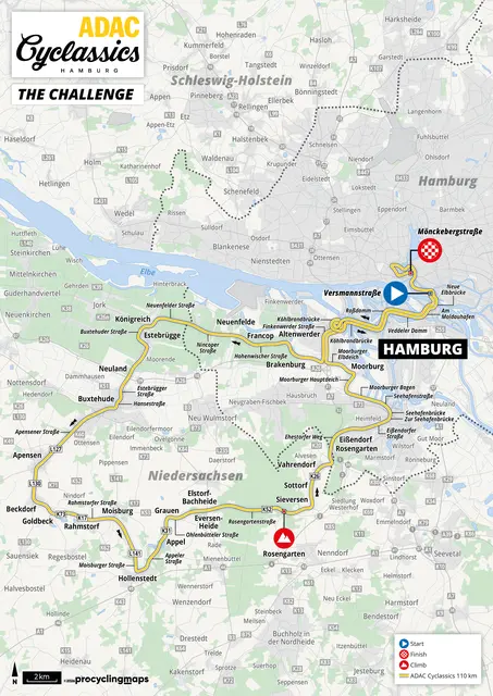 Die 110 Kilometer lange Strecke der Hobbyradsportler startet in Hamburg und führt zunächst über Finkenwerder und Neuenfelde durch das Alte Land. Von dort geht es weiter über Buxtehude, Apensen, Beckdorf und Hollenstedt in Richtung Rosengarten. Anschließend führt der Kurs über Harburg zurück nach Hamburg, bevor die Hobbyradsportler in der Innenstadt das Ziel an der Mönckebergstraße erreichen. | Foto: ADAC Cyclassics