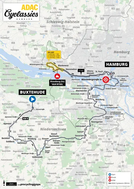 Die Profis starten in Buxtehude und fahren zunächst über Apensen, Beckdorf und Hollenstedt. Von dort führt die Strecke über Appel, Eversen-Heide und Sieversen weiter in Richtung Rosengarten und anschließend über Harburg nach Hamburg. Dort geht es über die Köhlbrandbrücke und entlang der Elbe bis nach Blankenese. Der anspruchsvolle Waseberg wird mehrfach bezwungen, bevor das Rennen in der Hamburger Innenstadt auf der Mönckebergstraße entschieden wird. | Foto: ADAC Cyclassics