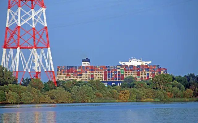 Das Containerschiff in Höhe von Lühesand. Es wirkt so, als befinde sich der Ozeanriese auf dem Land  | Foto: jd