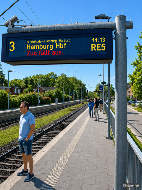 Ein typische Szene am Bahnhof Horneburg: Der Regional-Express fällt mal wieder aus | Foto: jd/KI-verändert