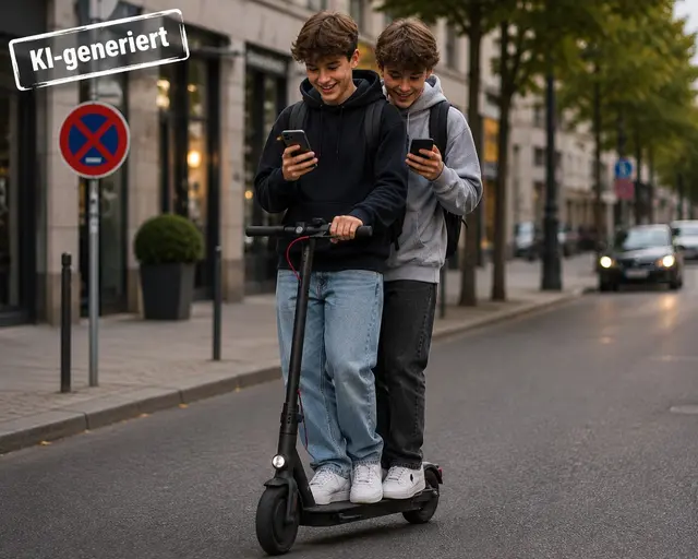 Zu zweit, Handy in der Hand - viele E-Scooter-Fahrer handeln leichtsinnig | Foto: sh/KI-generiert