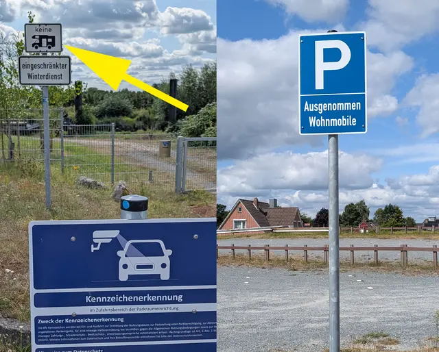 Auf den Parkplätzen am Grünendeicher Hafen (li) und an der Fährstraße sollen Wohnmobile nach Auskunft von Bürgermeister Nikolai Müller angeblich günstig parken können. Die dortigen Schilder sagen etwas anderes: Parken für Wohnmobile nicht erlaubt | Foto: jd