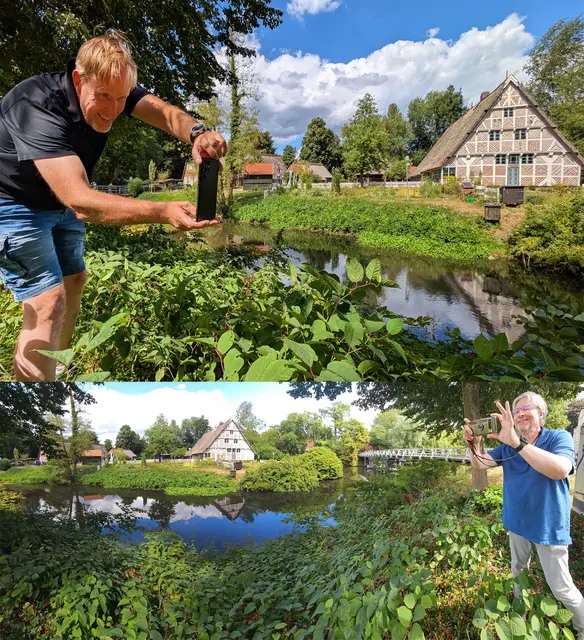 Foto-Schabernack an der Stader Insel: Im Bild oben der Profi-Fotograf Martin Elsen, unten als Bestandteil des "Pano"-Fotos ein eifriger Schüler, der WOCHENBLATT-Redaktionsleiter Jörg Dammann  | Foto: Martin Elsen/jd