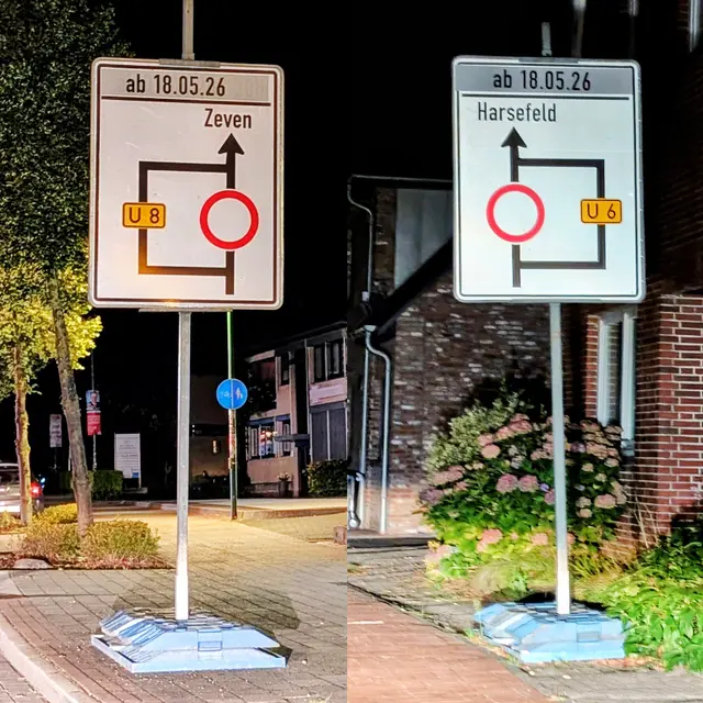 Nach der Sanierung des L124-Streckenabschnitts besteht wieder freie Fahrt zwischen Harsefeld und Ahlerstedt. Doch die Umleitungsschilder in Harsefeld (li.) und in Ahlerstedt führten die Autofahrer nach der Freigabe der Strecke weiterhin in die Irre | Foto: jd