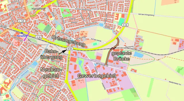 Die Karte zeigt, an welcher Stelle der Brückenschlag über die EVB-Bahnstrecke erfolgen könnte | Foto: Open Street Map/jd