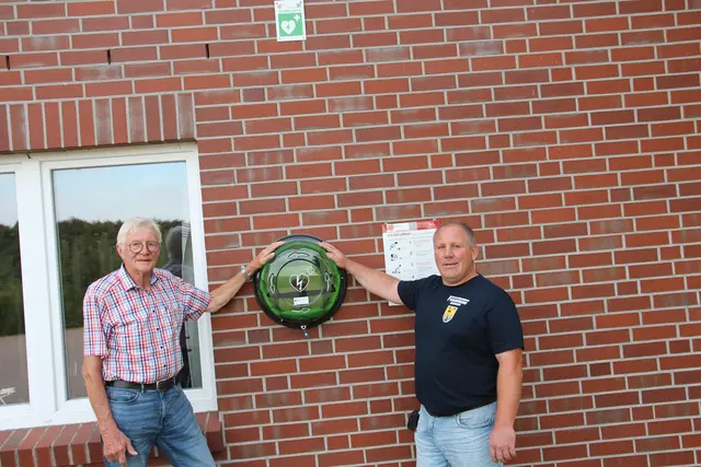 Ortsbrandmeister Matthias Eul (re.) und Fördervereinsvorsitzender Hans-Joachim Ehrhorn präsentieren den neuen AED am Feuerwehrhaus in Iddensen | Foto: Köhlbrandt