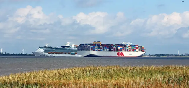 Containerriese und Luxusliner: die "OOCL Portugal" und die "Liberty of the Seas" begegnen sich in Höhe der Ostemündung | Foto: jd
