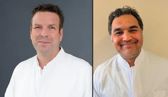 Die Experten für Sportverletzungen: Dr. Christian Clausen (li.), Chefarzt der Unfallchirurgie, und Oberarzt Ali Hassan informieren am 10. September in der Cafeteria des Krankenhauses Winsen rund um das Thema Behandlungsmöglichkeiten bei Knieverletzungen | Foto: Krankenhäuser Buchholz und Winsen