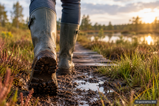 Mit Gummistiefeln durchs Moor: Bei der geführten Wanderung erfahren die Teilnehmer, warum Moore für Klima-, Hochwasser- und Hitzeschutz so wichtig sind | Foto: KI-generiert