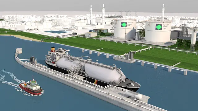 Die Visualisierung zeigt einen LNG-Tanker vor dem künftigen Terminal | Foto: HEH