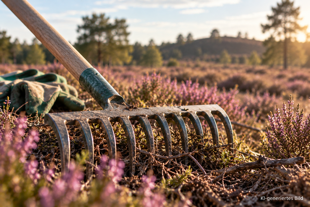 Ein Rechen liegt zwischen den Heidepflanzen: Bei einer Entkusselungsaktion können Freiwillige zum Erhalt der Wulmstorfer Heide beitragen (Symbolbild) | Foto: KI-generiert
