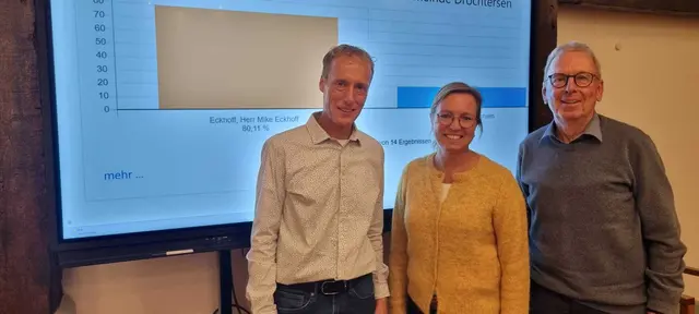 Mike Eckhoff (li.) freut sich über den überwältigenden Sieg (mehr als 80 Prozent). Das Foto zeigt ihn mit Wahlleiterin Grit Bremer und Ehrenbürgermeister Hans Wilhelm Bösch | Foto: ig