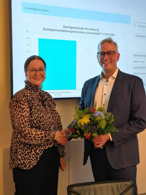 Wahlleiterin Tanja Thomfohrde gratuliert Knut Willenbockel, er hat das Ergebnis der Vorwaghl übertroffen