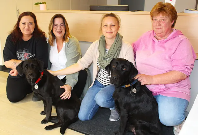 Ein Teil des Pflege-Engel Teams: Steffi Bredehöft (v. li.), Almut Christ (Geschäftsführerin), Magdalena Deppe, Manuela Göttsch und das "Gute-Laune"-Hundeteam Daisy und Buddy | Foto: jvp