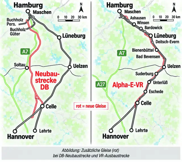 Der Vieregg-Rössler-Vergleich von Neubau-Strecke links und der Alpha-E-Variante rechts | Foto: KI-Generiert