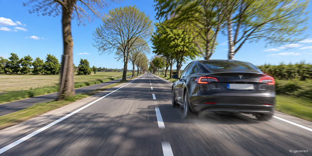 So wie hier auf dem mit KI veränderten Foto könnte der Tesla-Fahrer auf dem sanierten K27-Abschnitt Schwung geholt haben, um anschließend am Blitzer vorbeizurasen | Foto: LK Stade/KI-generiert