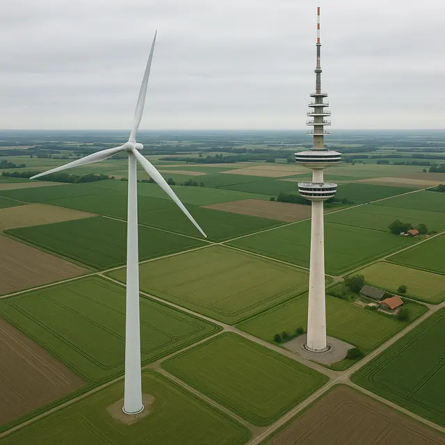 Die Bürgerinitiative "Gegenwind Hollenstedt" vergleicht die 250 Meter hohen Windkraftanlagen mit dem Hamburger Fernsehturm (279 Meter). WOCHENBLATT-Redakteur Jörg Dammann macht die Dimensionen per KI-erzeugtem Bild deutlich | Foto: Foto: jd / chatGPT