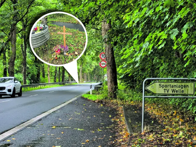 Das Kreuz steht an der Stelle an der B3, an der sich der tödliche Unfall ereignet hat - schräg gegenüber der Zufahrt zur Straße "Am Kamp"  | Foto: Foto: Pahl / Grafik: MSR