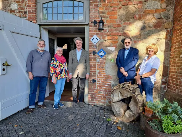 Diakon Holger Kuk (v. li.), Kirchenvorstandsvorsitzende Brigitte Bretschneider, Dr. Wolfgang Rüther (Referent für „Kirche in Freizeit und Tourismus“ der Ev.-Luth. Landeskirche Hannovers), Jürgen Böhme (scheidender Hollenstedter Bürgermeister) und die Kirchenvorstandsvorsitzende Heike Christiansen vor dem Signet der Radwegekirche | Foto: A. Heins